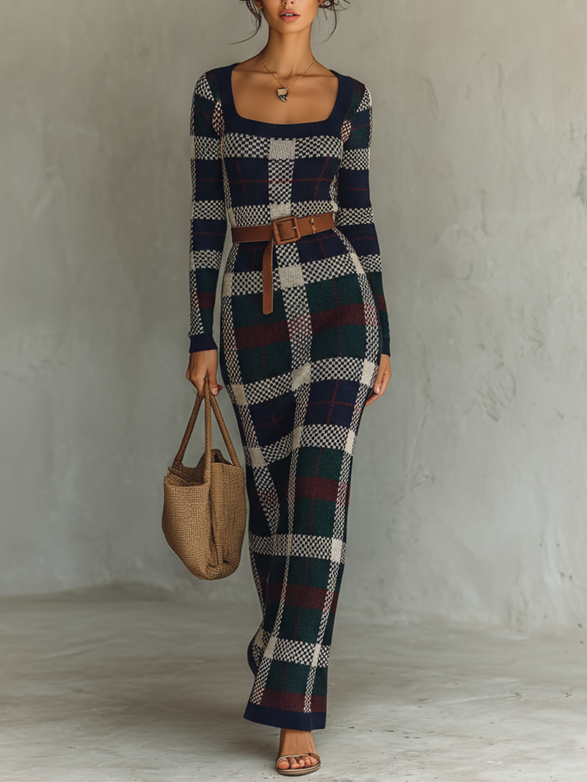 Robe maxi avec col carré, jupe fluide et tissu tricoté pour femmes MDA2984J0Y