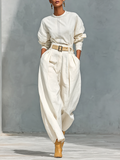 Ensemble de chemise à manches longues avec col rond et pantalon large en mélange de coton et lin pour femmes (ceinture non incluse) MDA2555G6Y