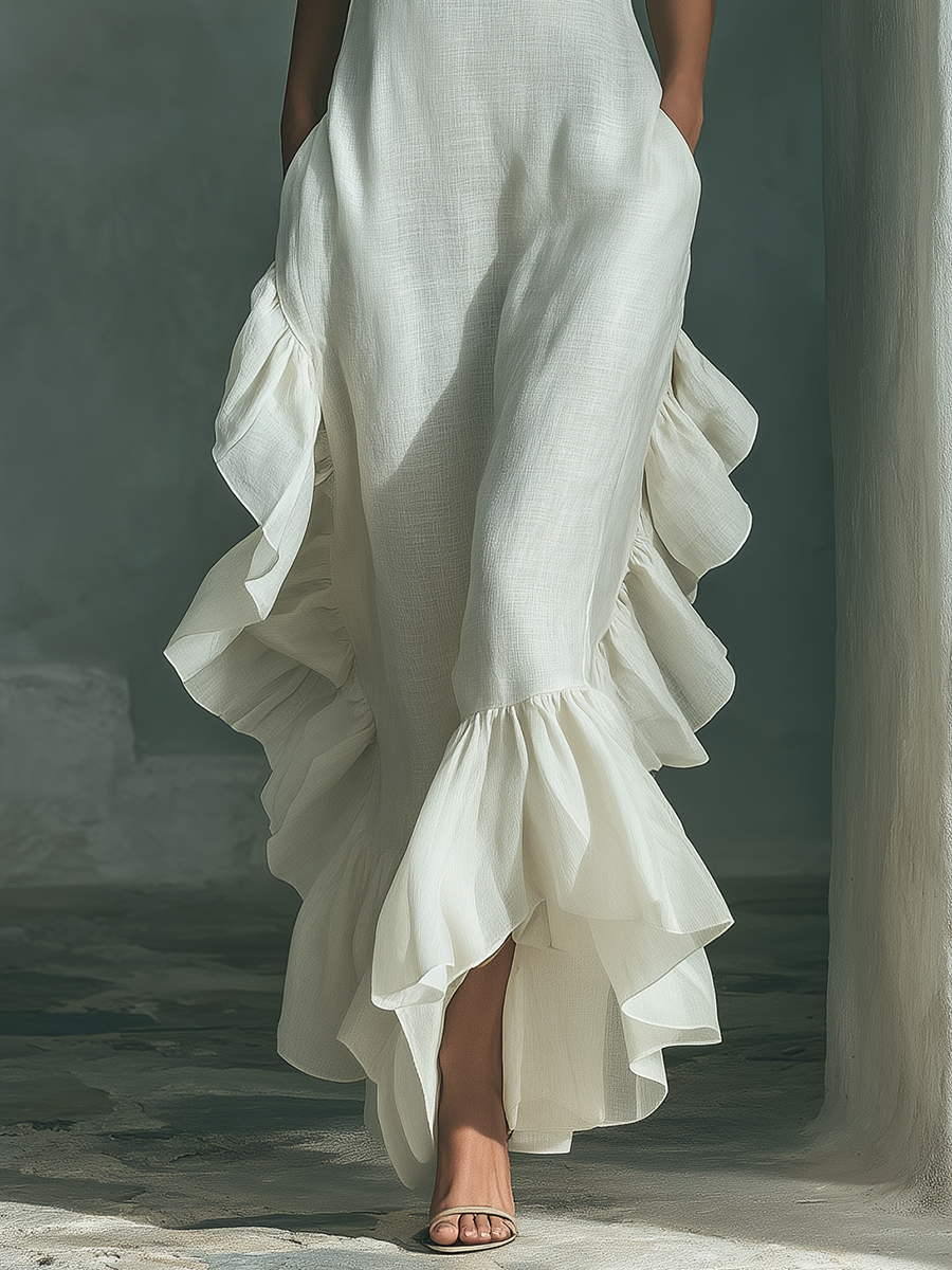 Robe maxi sans manches en lin couleur ivoire avec col rond et franges MDZ0973B9T