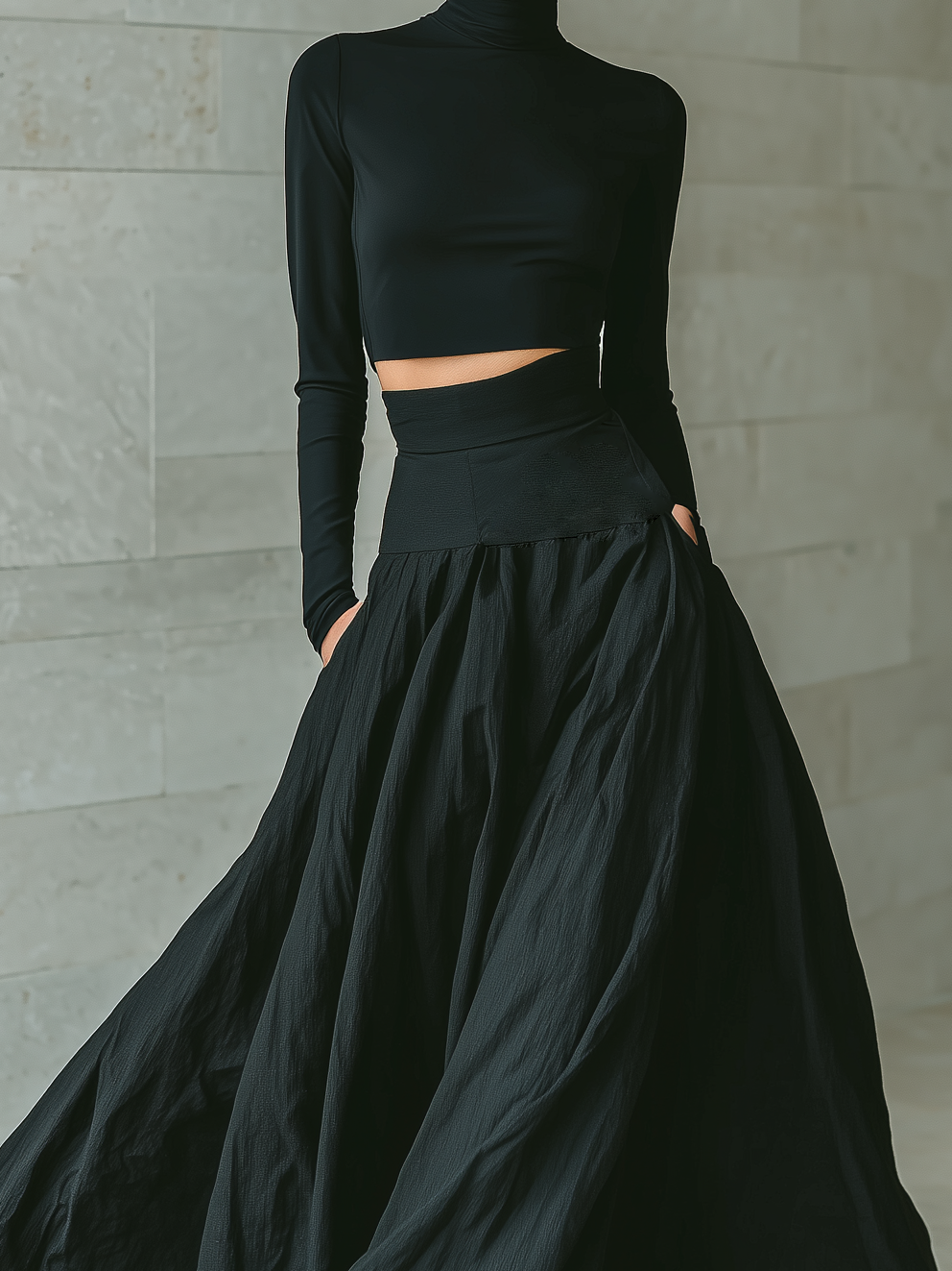 T-shirt femme élégant et tendance en noir avec col montant, manches longues, cropped, associé à une jupe longue noire MDA2692K3AN