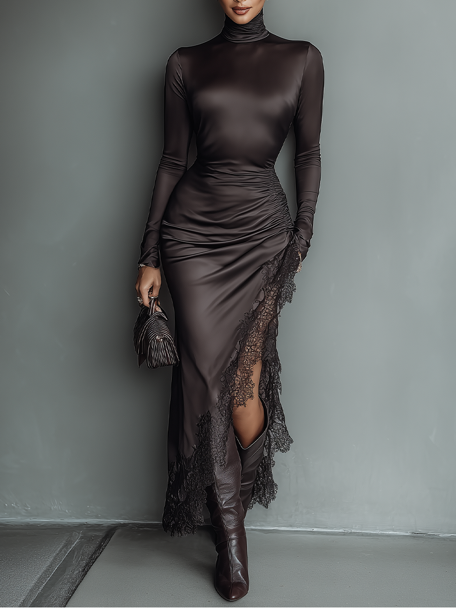 Robe maxi avec jupe asymétrique, modèle brillant, marron foncé pour femmes MDA0501H1T