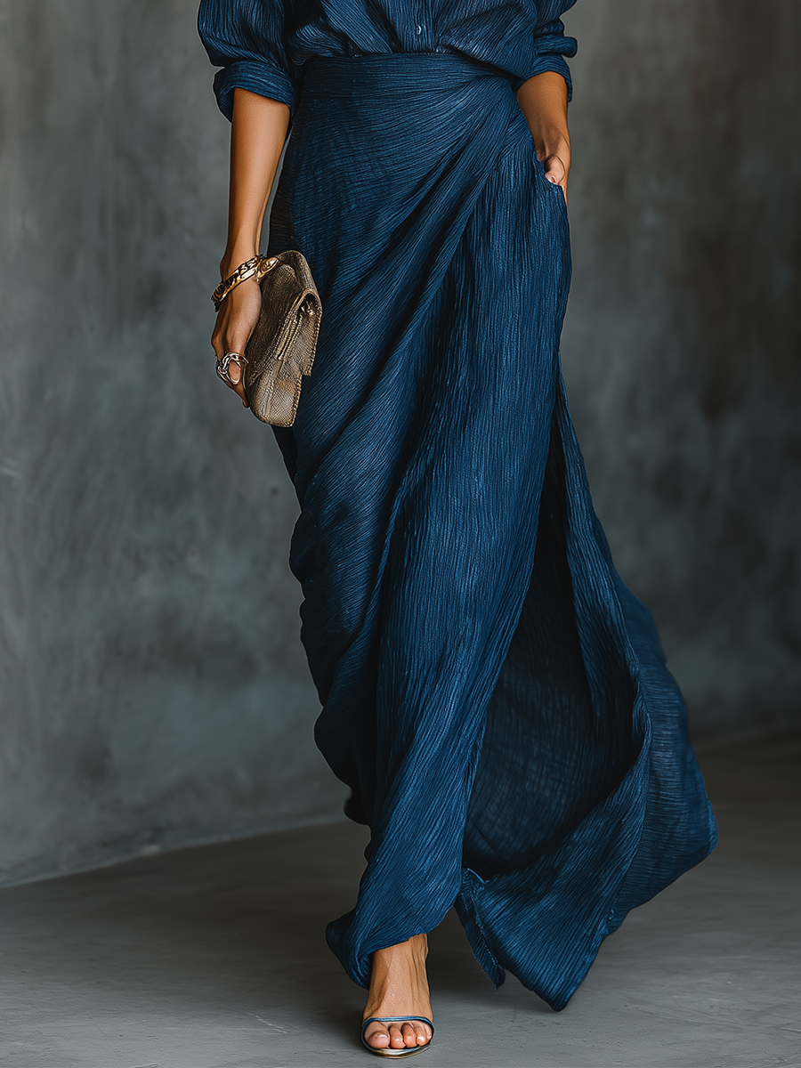 Ensemble jupe longue et blouse élégante en bleu marine en coton et lin