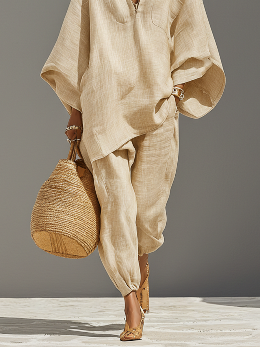 Ensemble en lin neutre pour femmes avec des bords asymétriques et un design minimaliste, style quotidien-élégant sophistiqué MDZ0501B3I