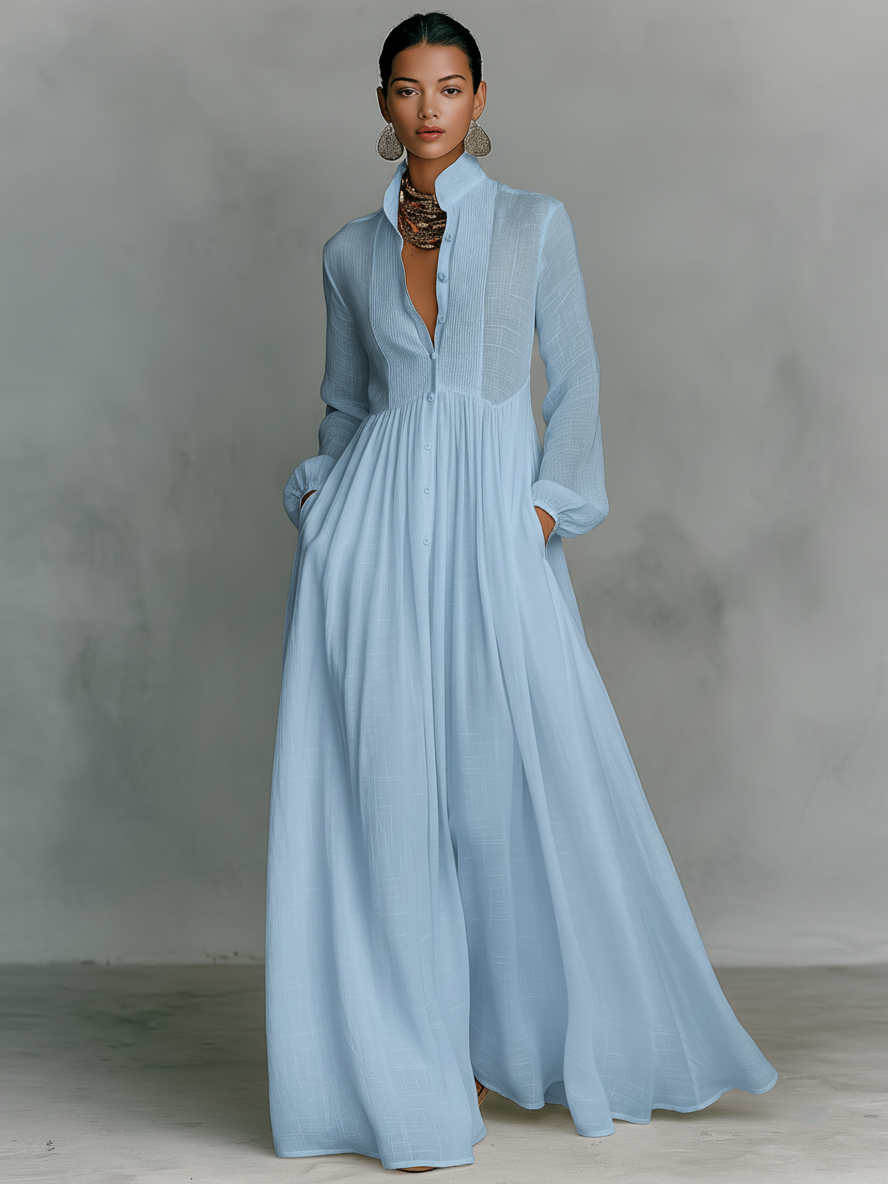 Robe maxi minimaliste pour femmes en tissu coton et blanc avec patchwork, avec un bouton, col montant et manches longues MDA0658K6Y
