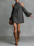 Robe mini en denim lavé pour femmes avec épaules dénudées MDA1791L3Y