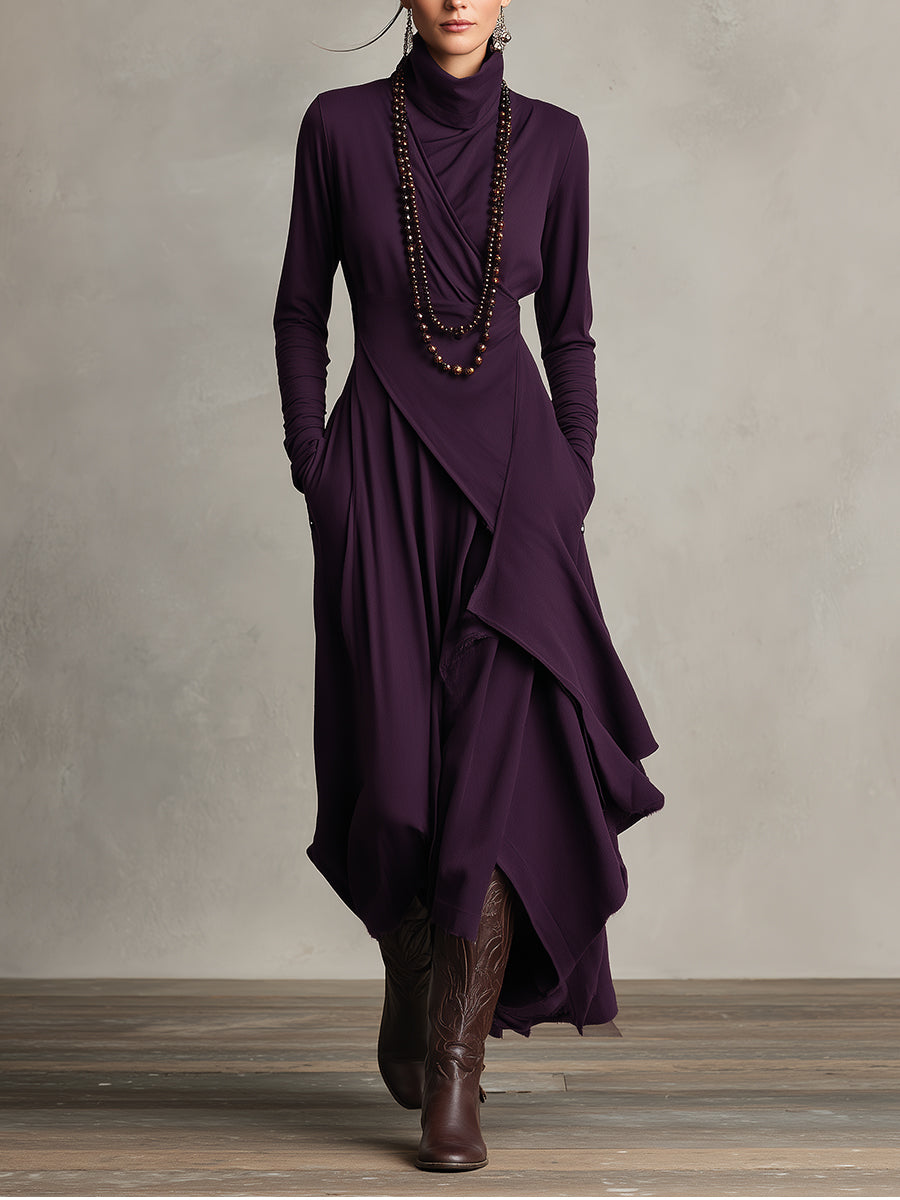 Robe maxi en velours violet pour femmes avec col montant, asymétrique et stylée MDA2055J9I