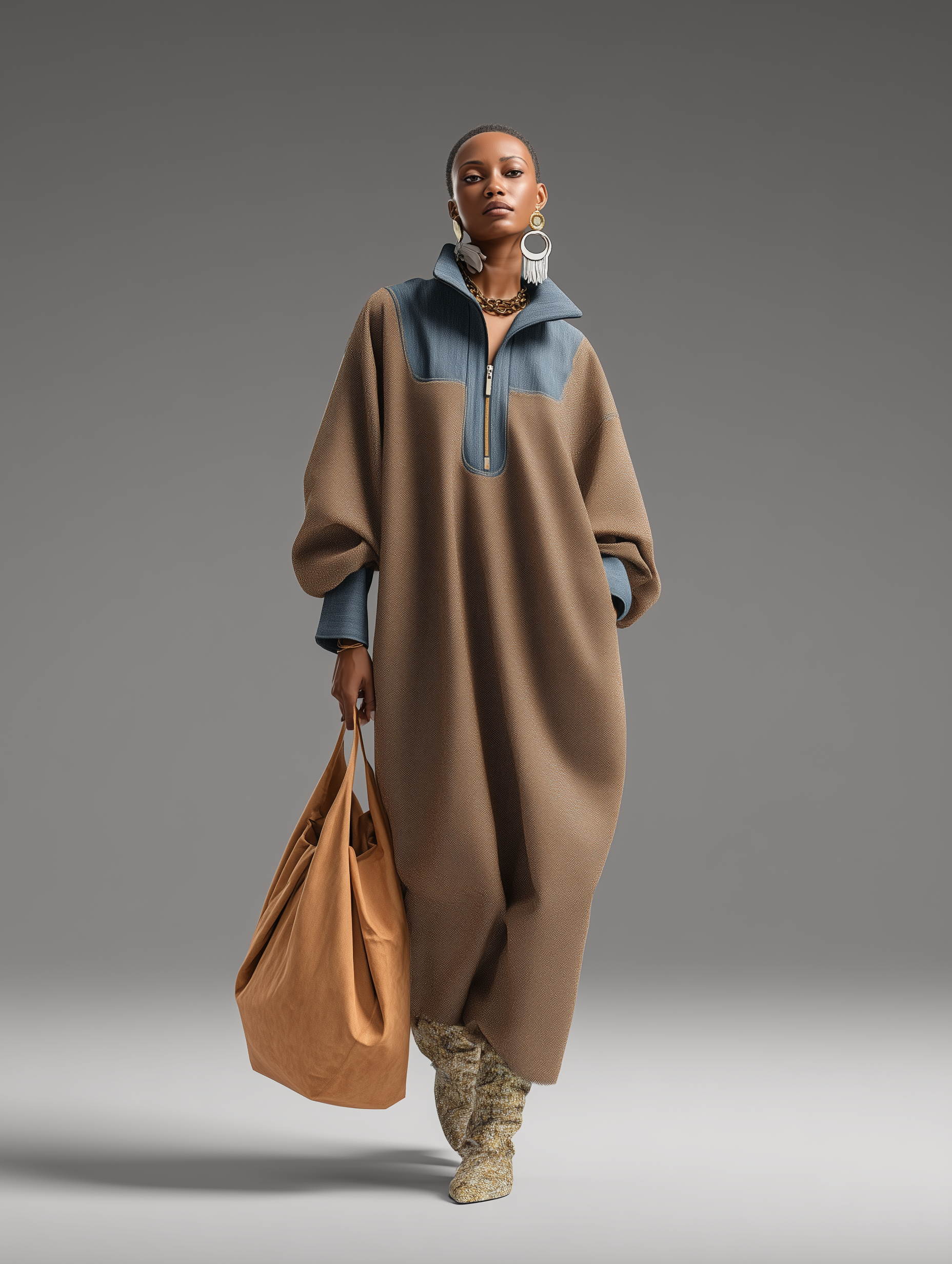 Robes longues pour femmes en couleur marron avec finition réversible et bleu denim avec col montant