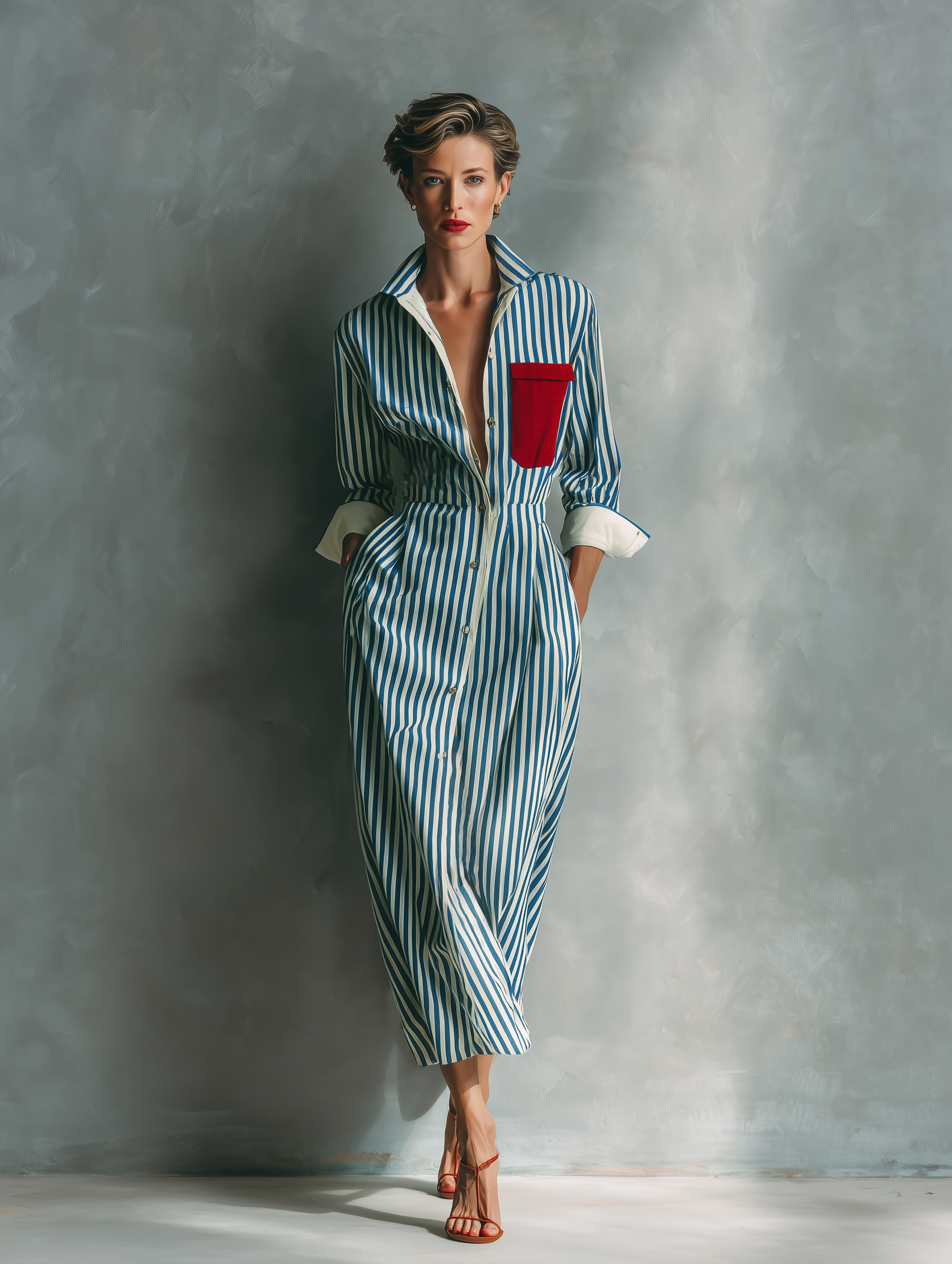 Robes chemises rayées en bleu et blanc pour femmes avec poche poitrine rouge MDZ1286C2T