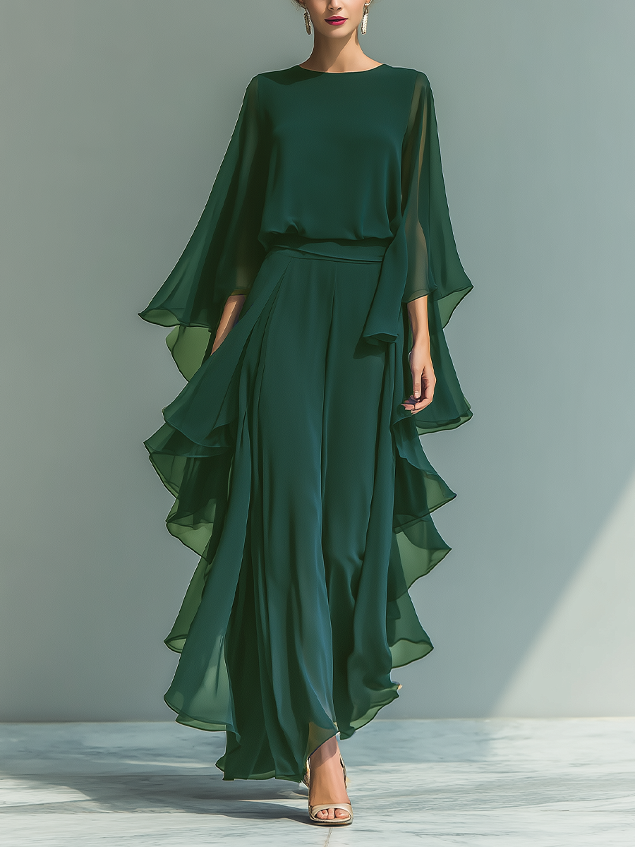 Chemisier en chiffon pour femmes en bleu Navy avec des manches évasées et un pantalon droit avec des détails plissés MDZ2218A5T