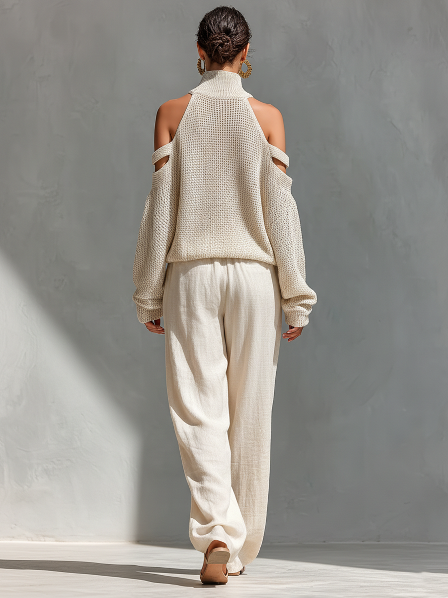 Ensemble top à col montant et bretelles froides en coton beige avec un pantalon large