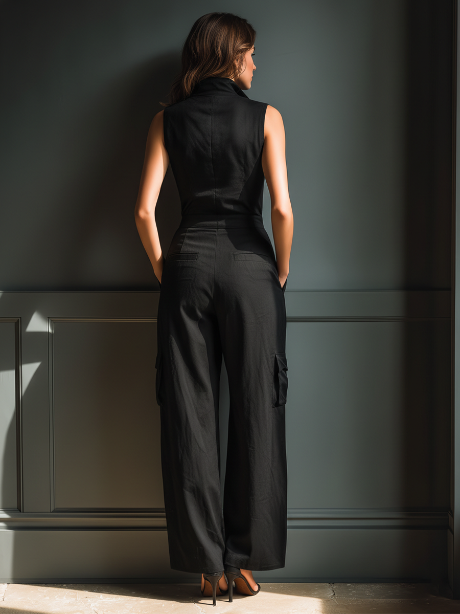 Combinaison sans manches pour femmes en noir avec poches cargo MDZ0908A3T