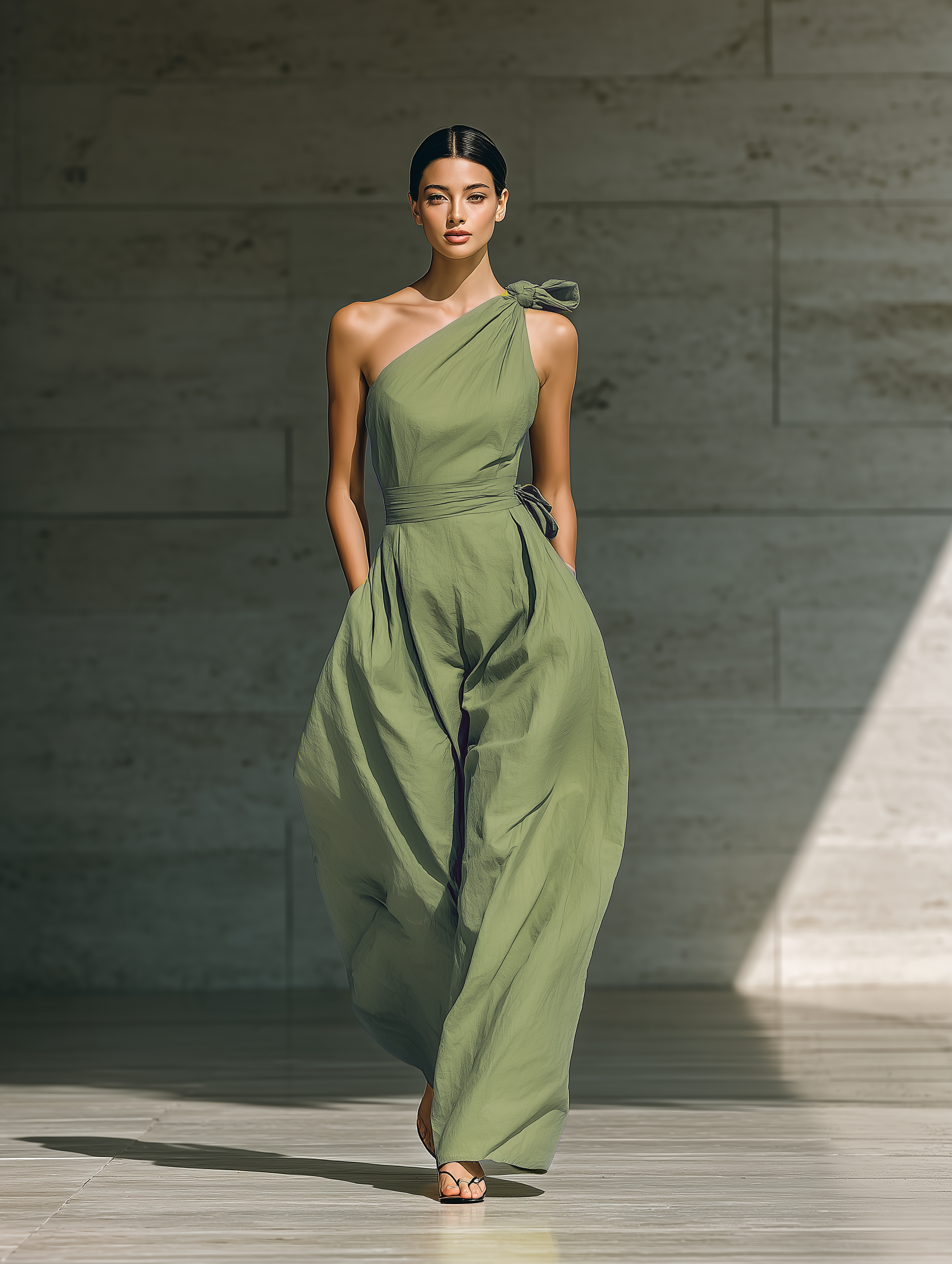 Robe jumpsuit à une bretelle et jambes larges de couleur vert clair pour femmes avec taille à nouer MDZ3136A8T