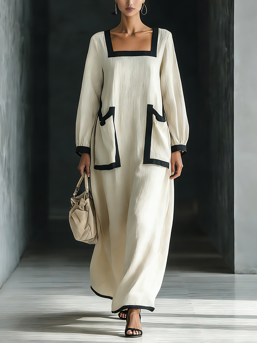 Robe maxi pour femmes en beige mélangé coton et lin avec col carré, finition noire et grandes poches MDZ1507A0T