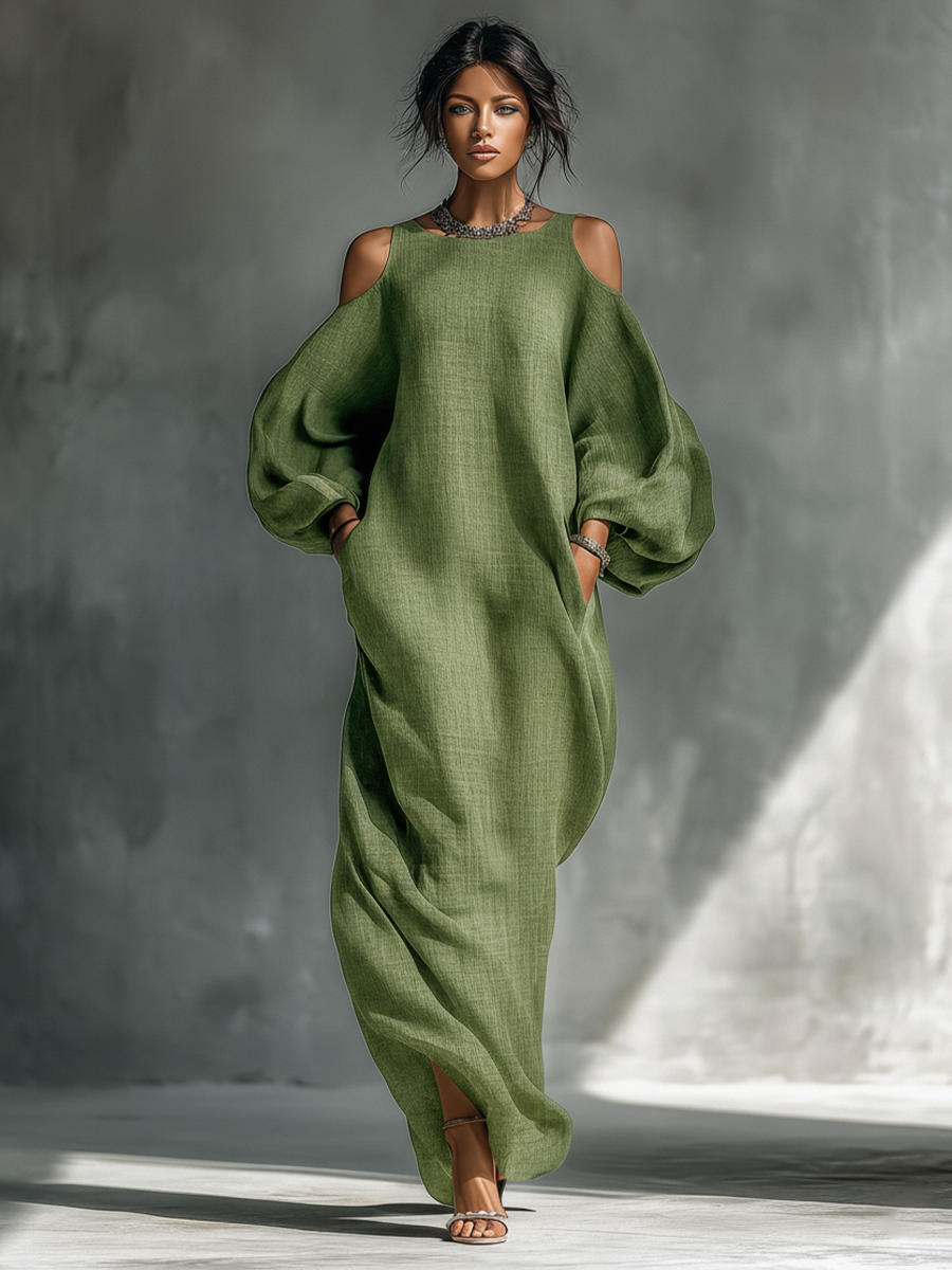 Robe maxi verte clair pour femmes avec épaules dénudées, manches bouffantes et poches latérales MDZ1004B7T