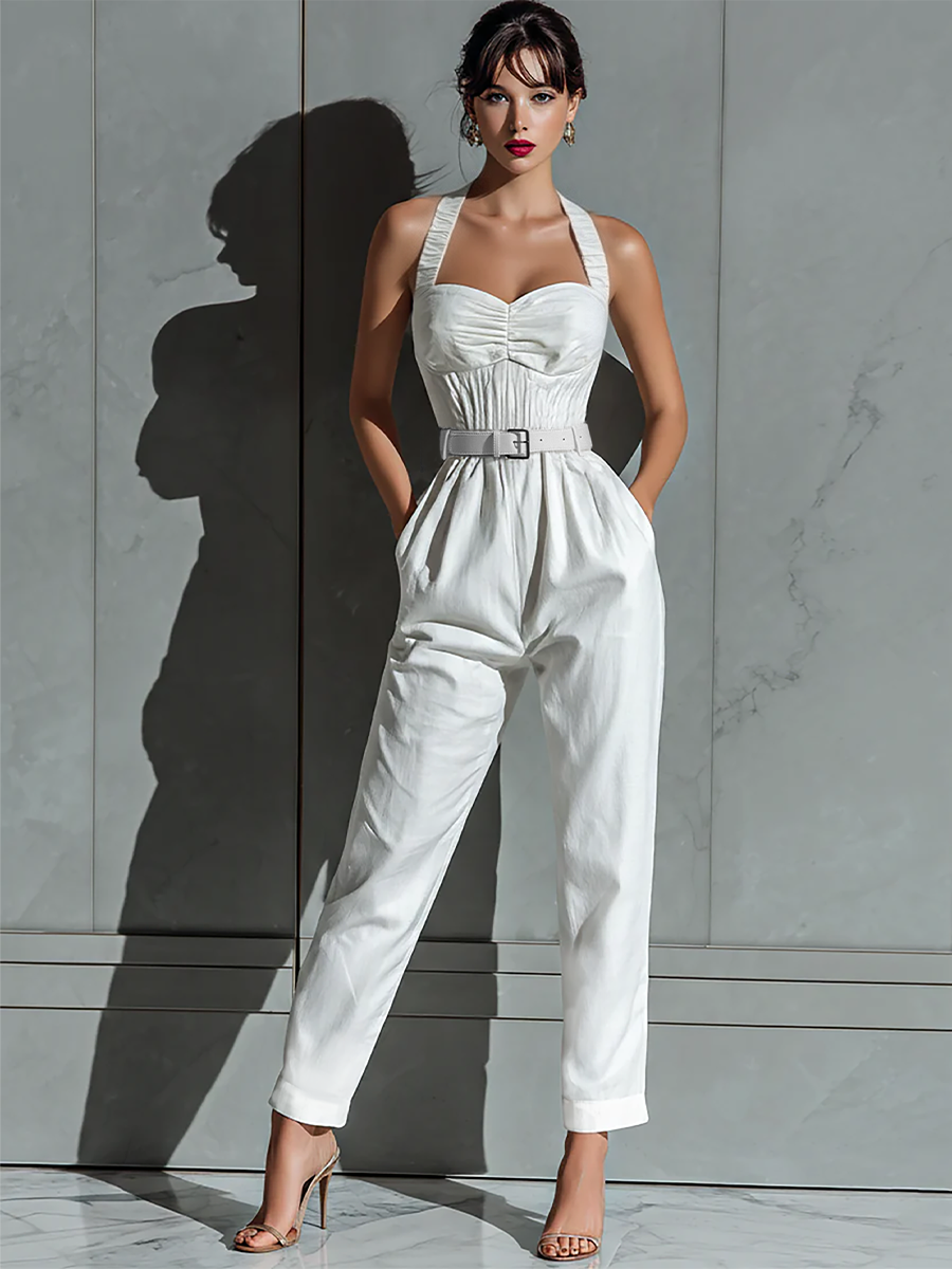 Ensemble femme en ivoire avec jambes larges et taille ornée MDZ0674B7T