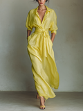 Robes maxi en coton et lin de couleur jaune citron pour femmes avec ceinture à nouer et manches mi-longues MDZ2884A4T