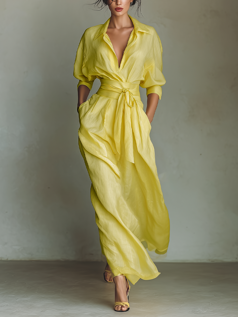 Robes maxi en coton et lin de couleur jaune citron pour femmes avec ceinture à nouer et manches mi-longues MDZ2884A4T