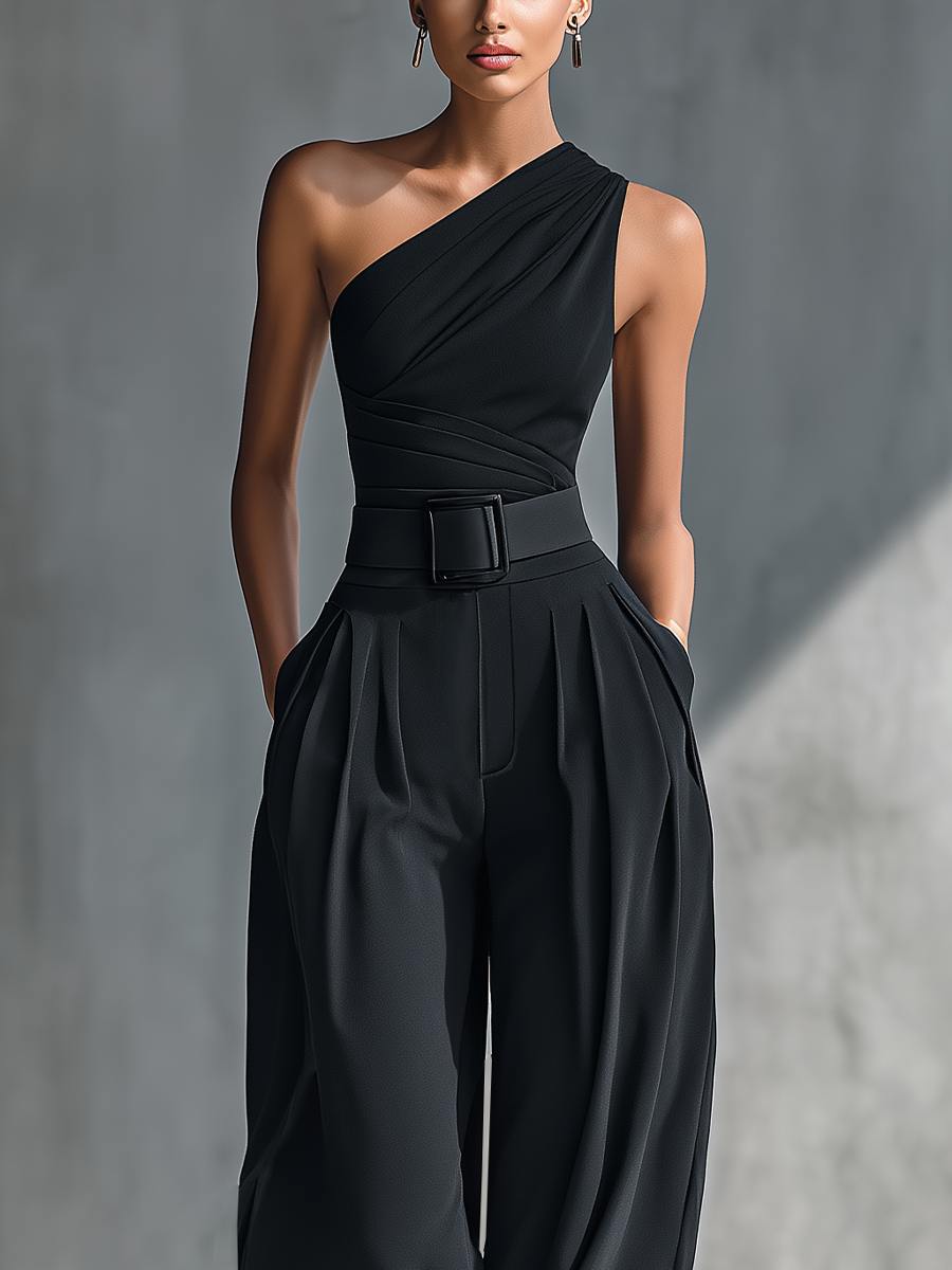 Débardeur noir en tricot pour femmes avec haute élasticité et pantalon en lin large MDZ1068B3T