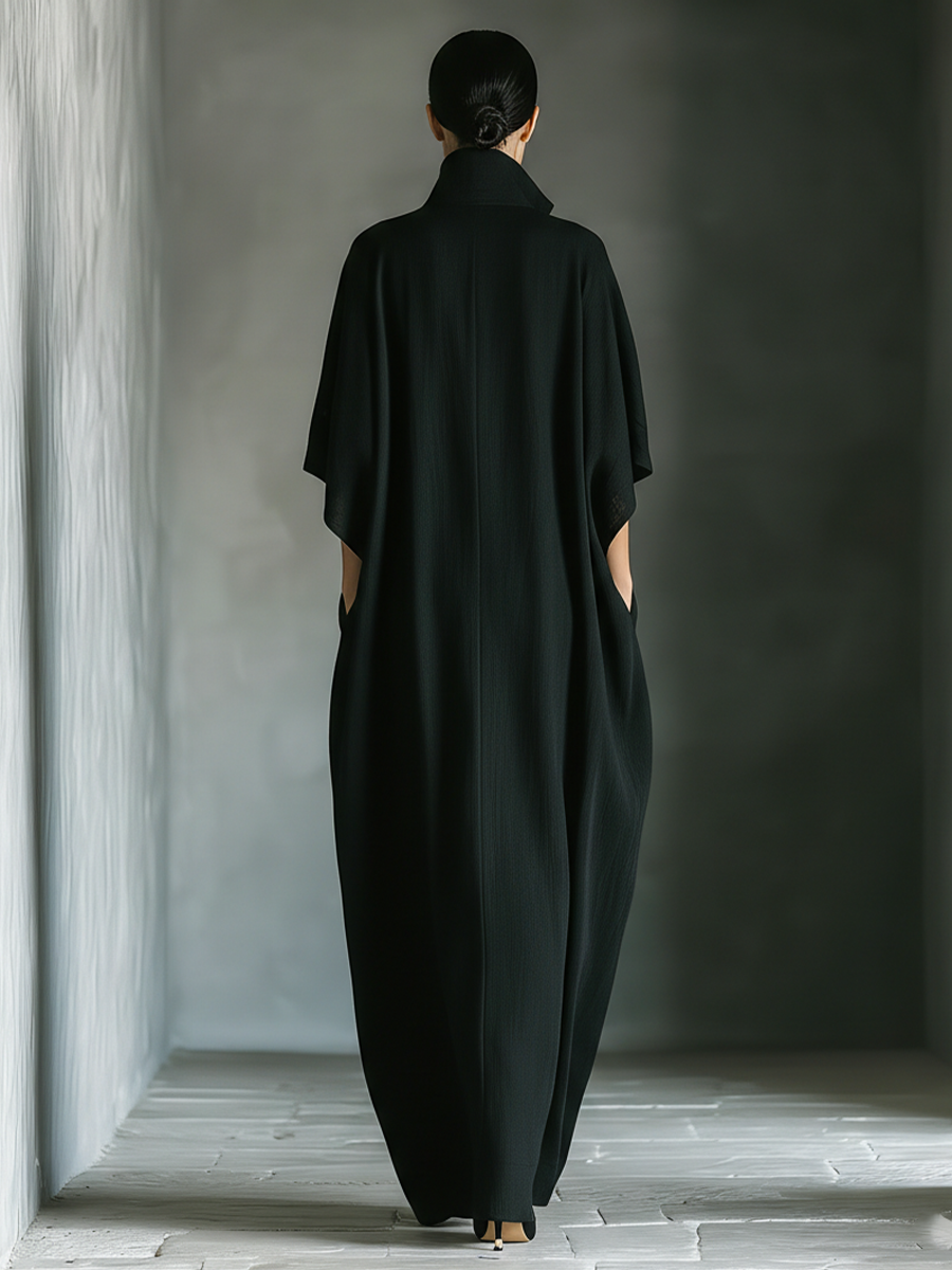 Robe maxi à manches kimono larges pour femmes en coton noir avec poches MDZ0577A3T