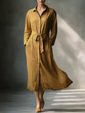 Robes à boutons en lin raffiné pour femmes - Robe mini avec ceinture couleur moutarde MDA1800I6I