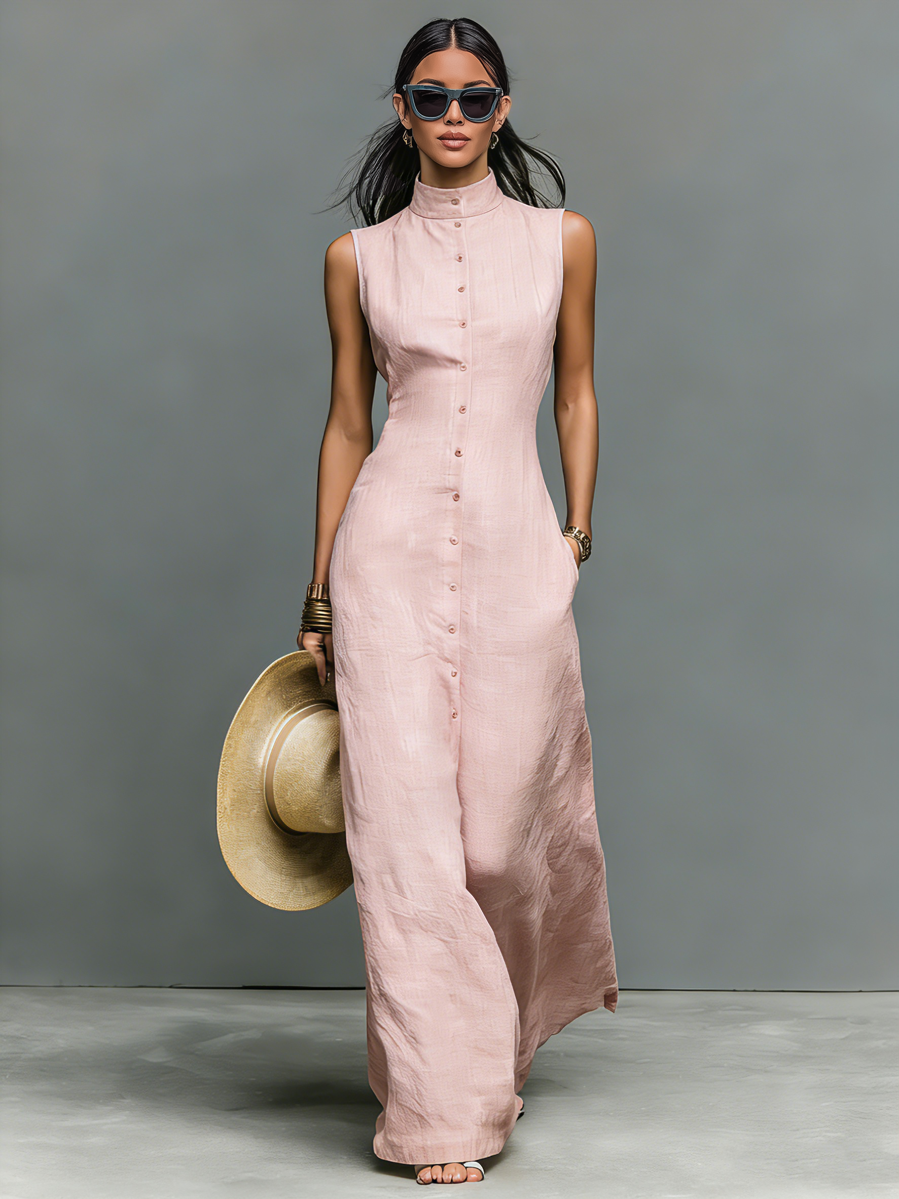 Robes maxi pour femmes au style minimaliste avec col montant et une fermeture MDZ1049C1Y