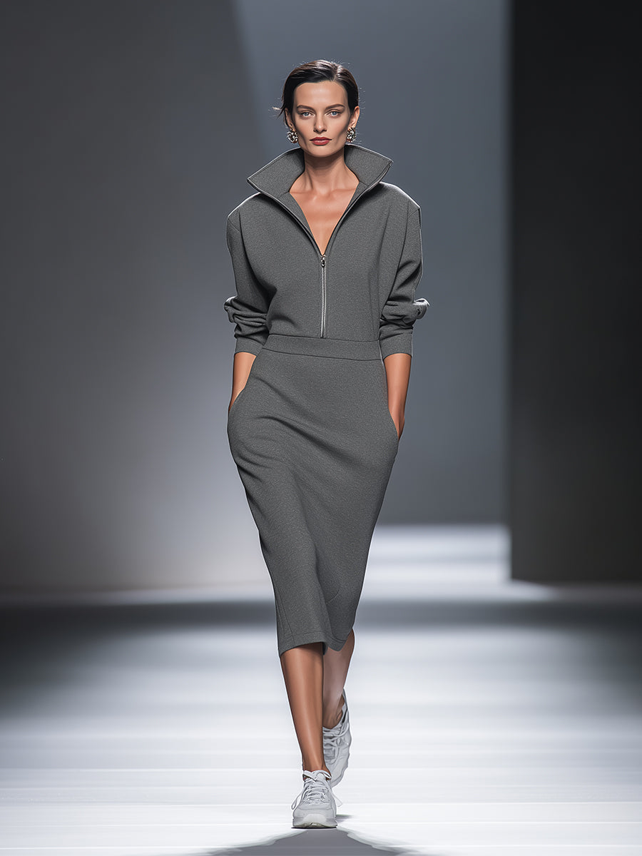 Robe mi-longue décontractée pour femmes avec zip demi MDA0570H1I