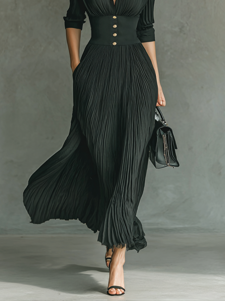 Robes maxi longues avec manches longues, col à volants et plis