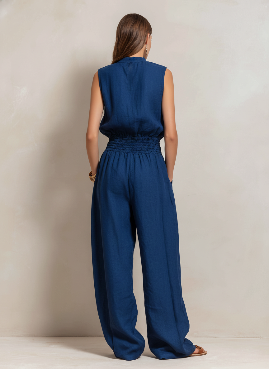 Body élégant pour femmes en bleu foncé en tissu coton-lin sans manches avec col rond MDZ2068C2AN