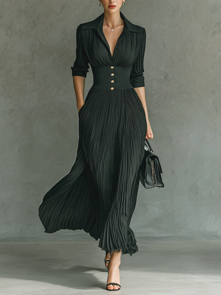 Robes maxi longues avec manches longues, col à volants et plis