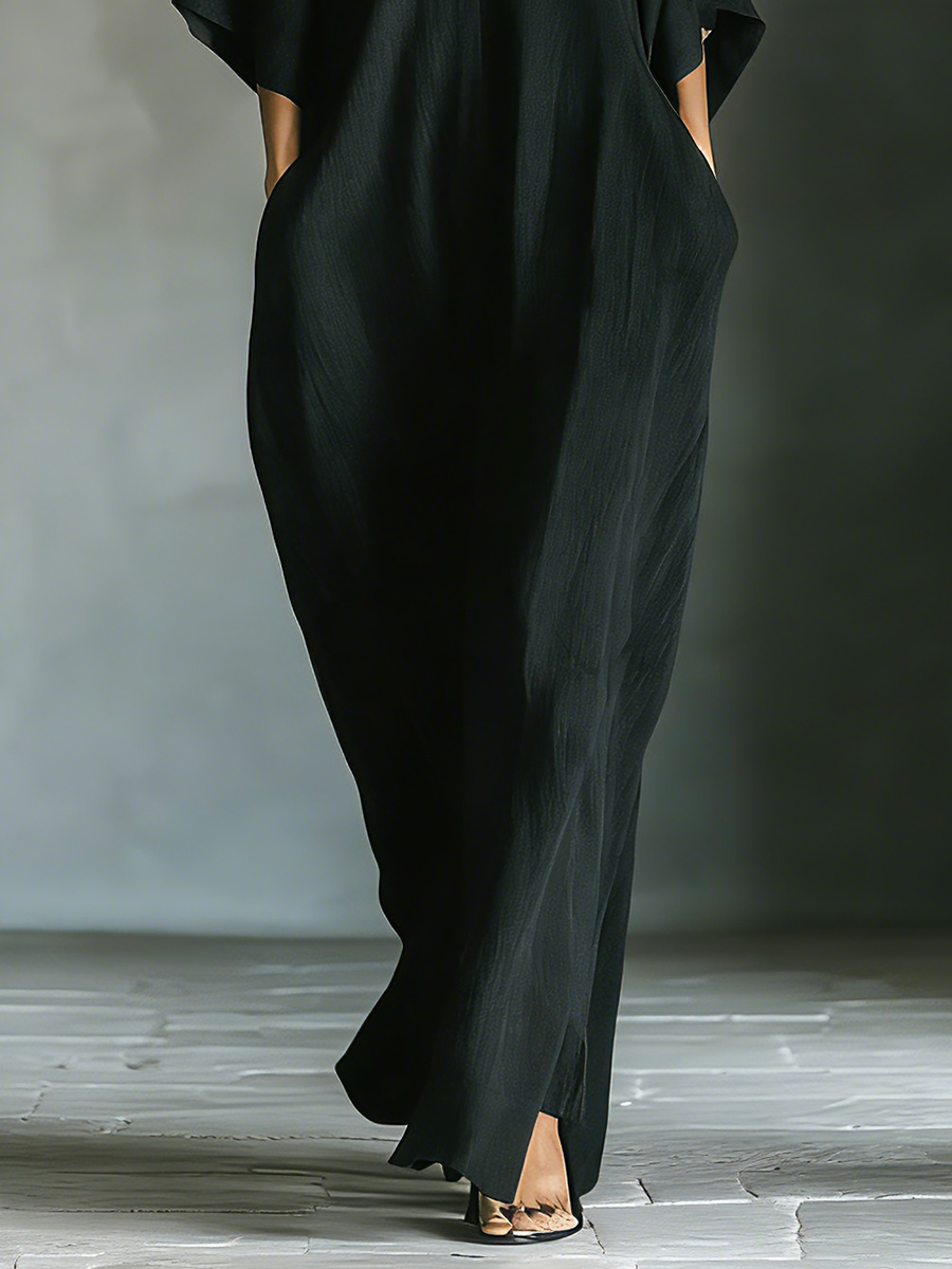 Robe maxi à manches kimono larges pour femmes en coton noir avec poches MDZ0577A3T