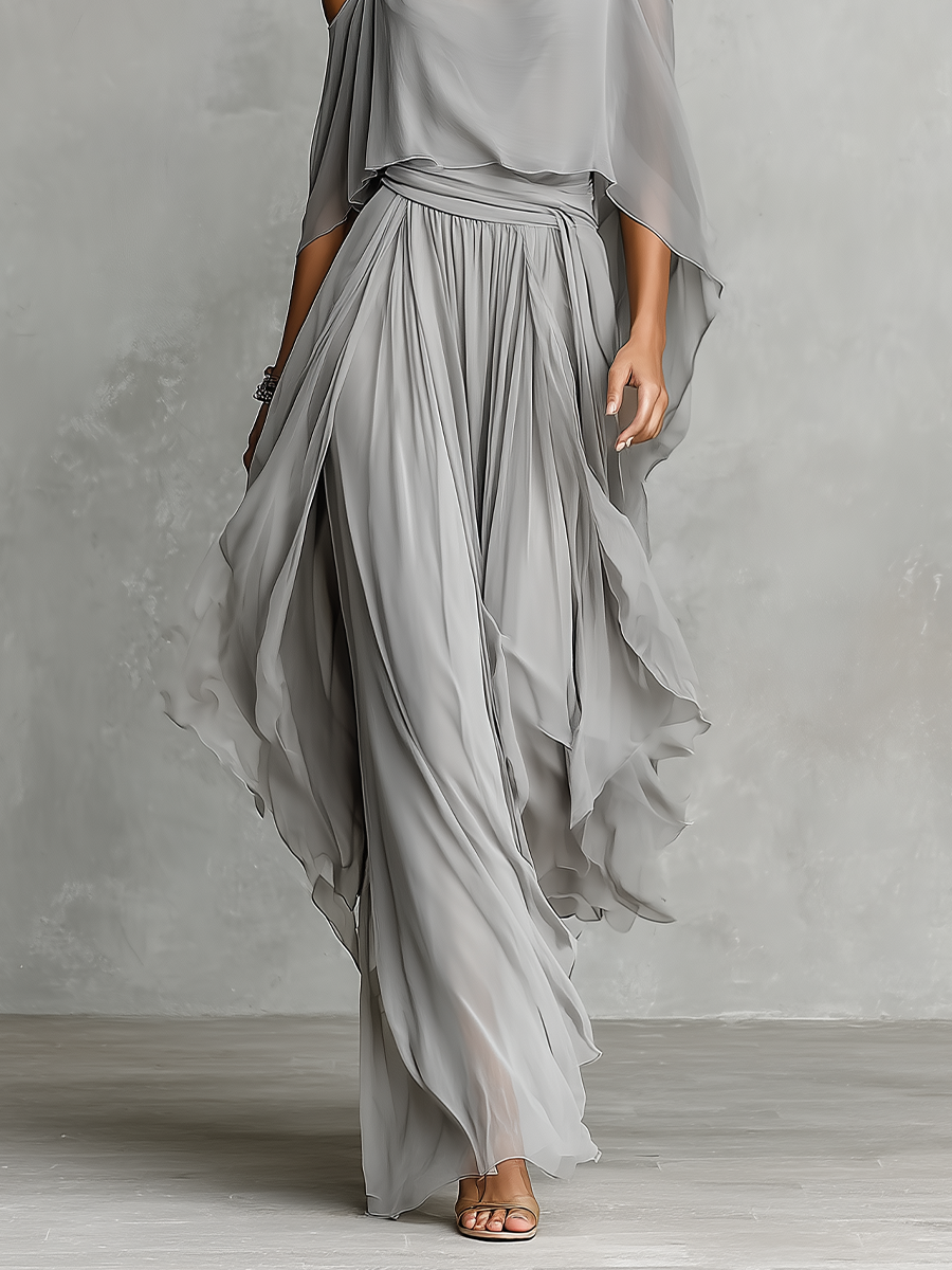 Ensemble en chiffon gris pour femmes avec détails d'épaule dénudée et silhouette évasée, ensemble de style féminin-moderne luxueux MDZ2651B6I