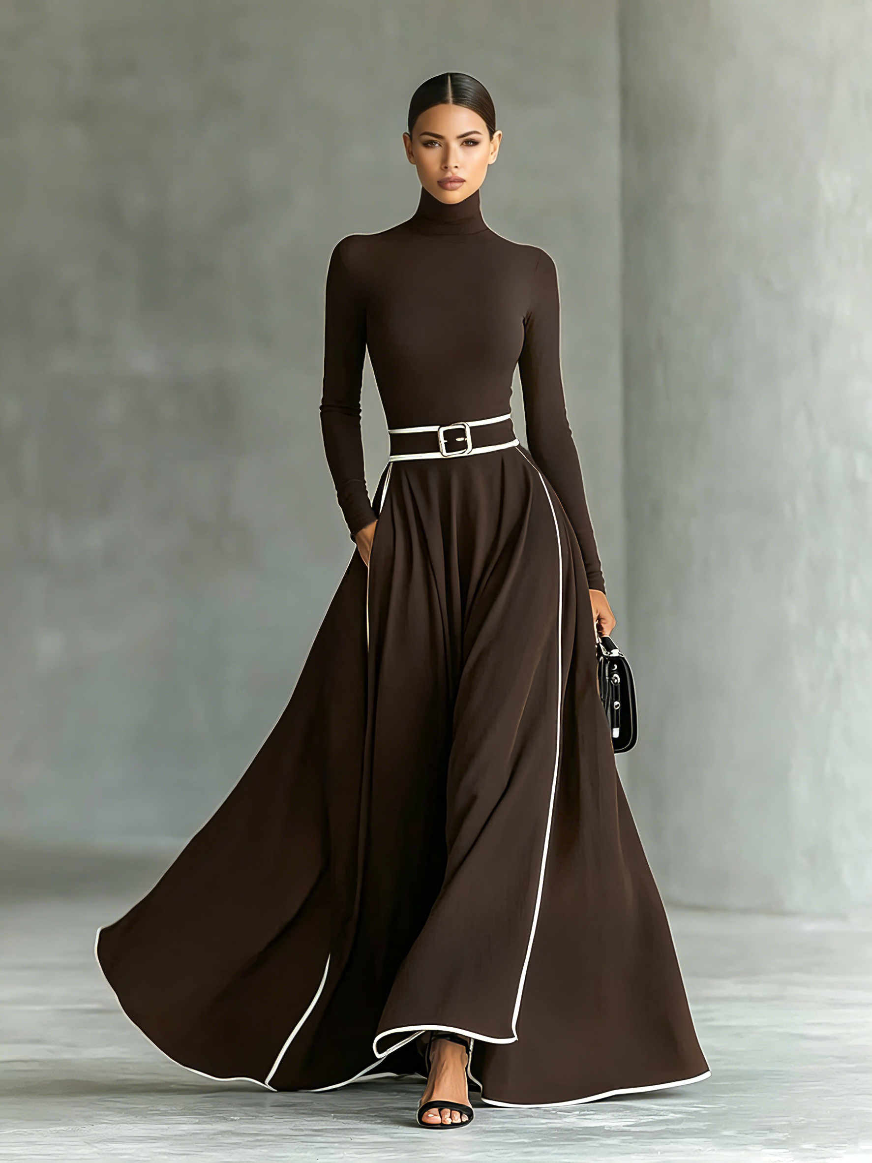 Robe maxi noire pour femmes avec coutures blanches, col haut, manches longues, ceinture ajustée MDA1031G0Y