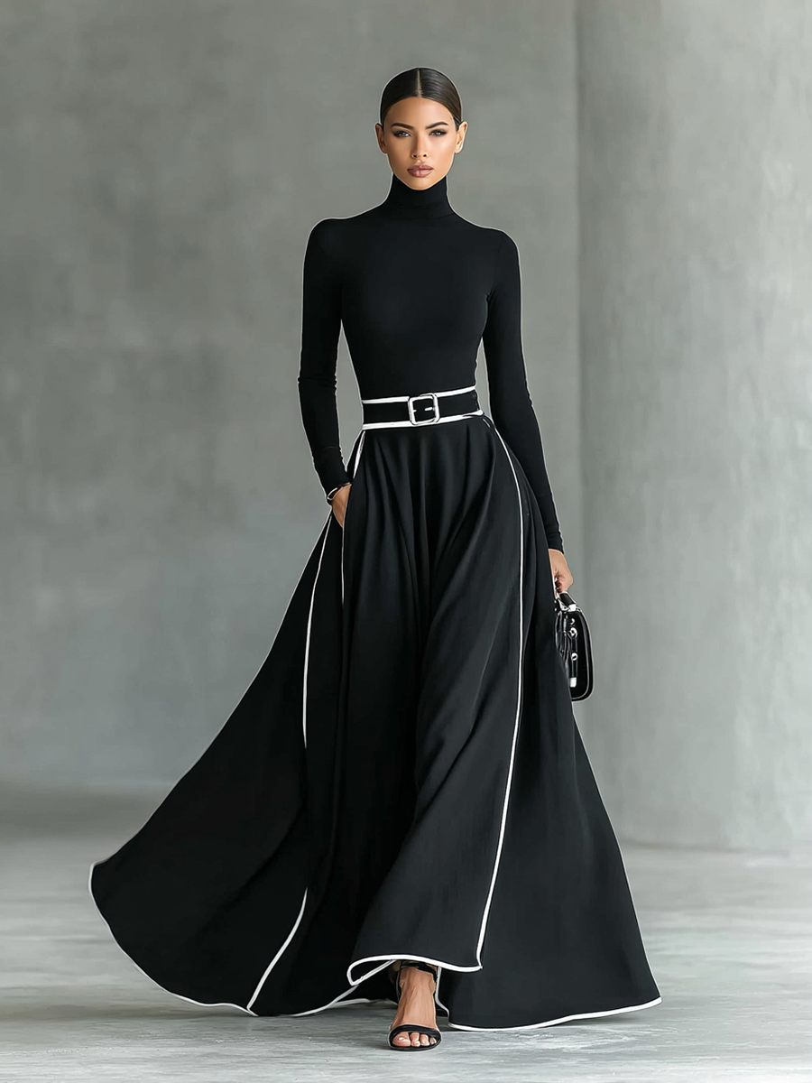 Robe maxi noire pour femmes avec coutures blanches, col haut, manches longues, ceinture ajustée MDA1031G0Y