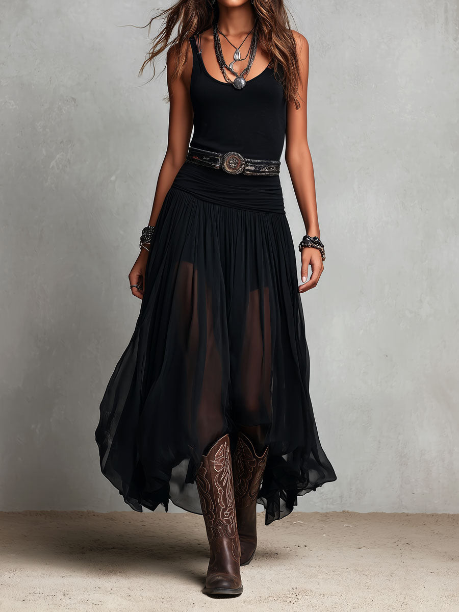 Robe maxi stretch noire boho occidental avec jupe transparente