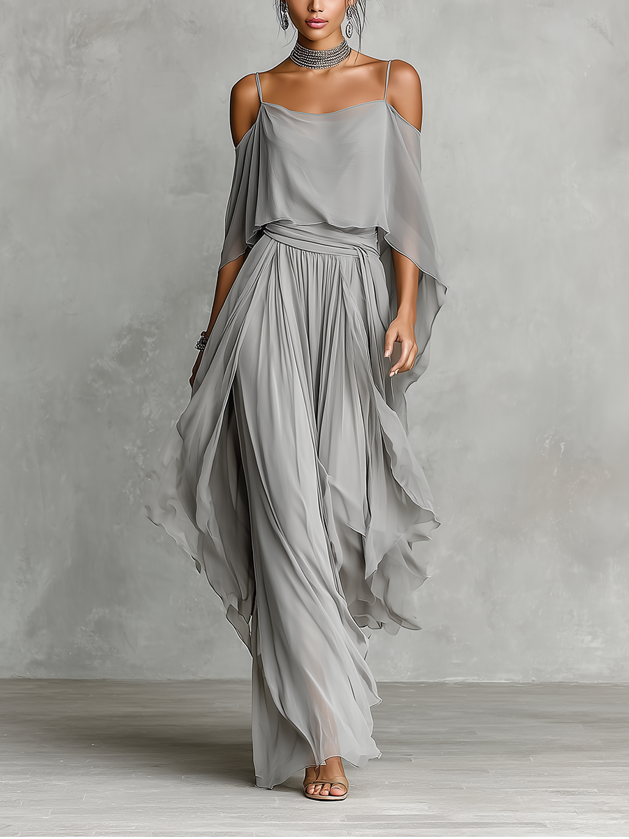 Ensemble en chiffon gris pour femmes avec détails d'épaule dénudée et silhouette évasée, ensemble de style féminin-moderne luxueux MDZ2651B6I