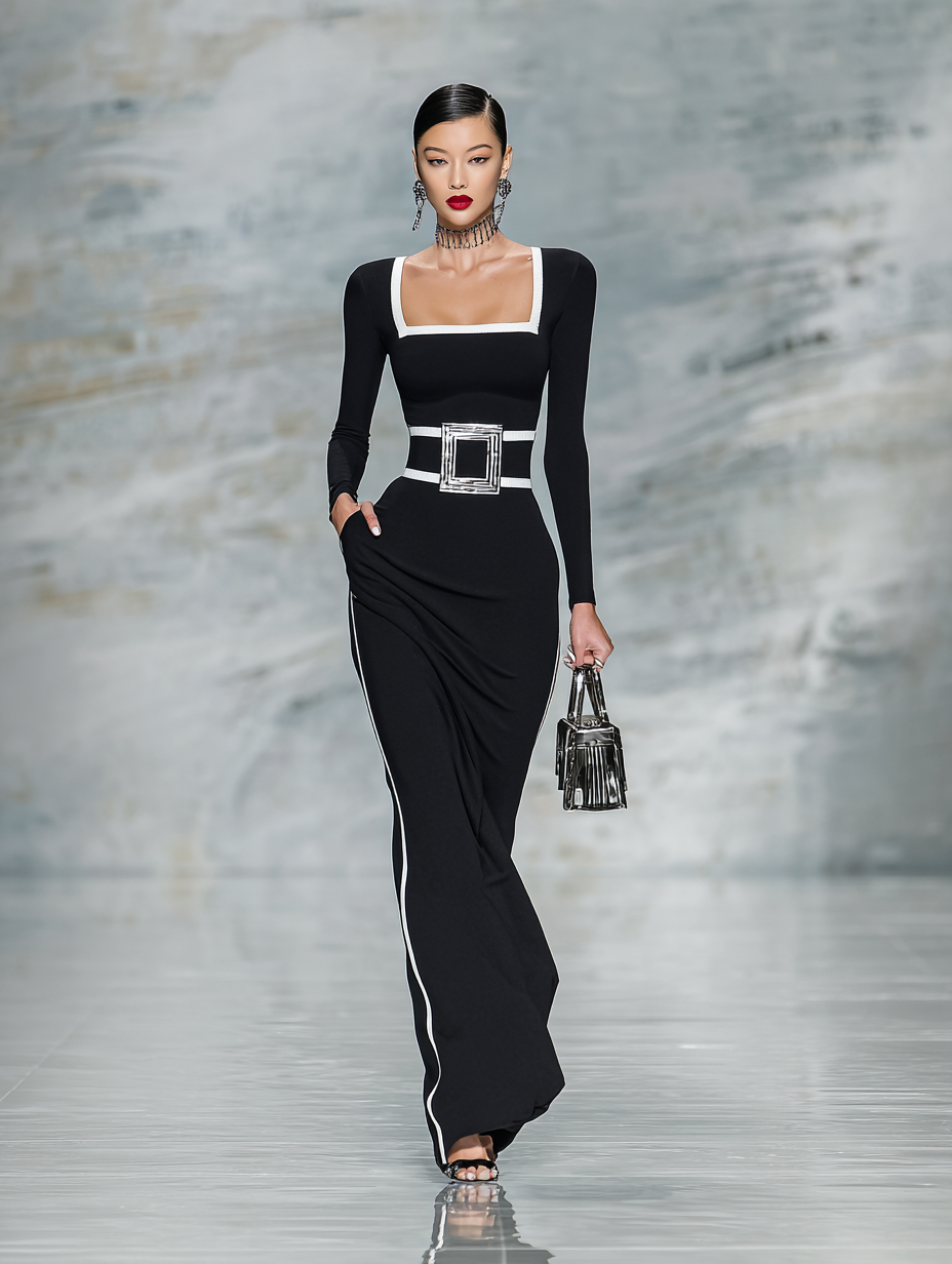 Robe maxi ajustée avec col carré et manches longues en noir et blanc MDA1698G8Y
