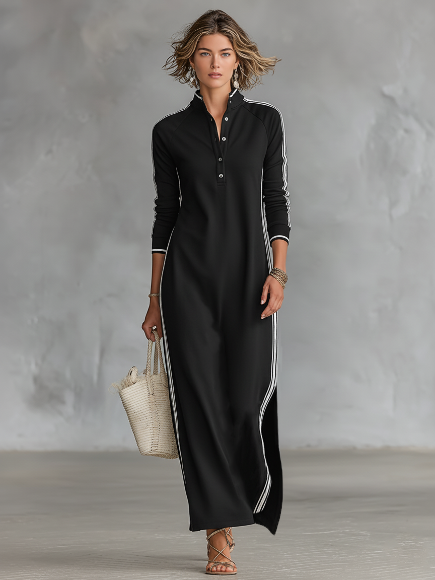 Robe maxi pour femmes avec col à boutons dans un style minimaliste avec des bords blancs