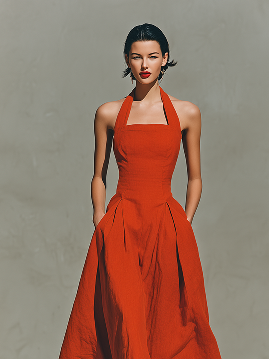 Robes maxi femmes rouges en lin avec col halter et jupe plissée, robe de vacances élégante et inspirante MDZ2016C7I