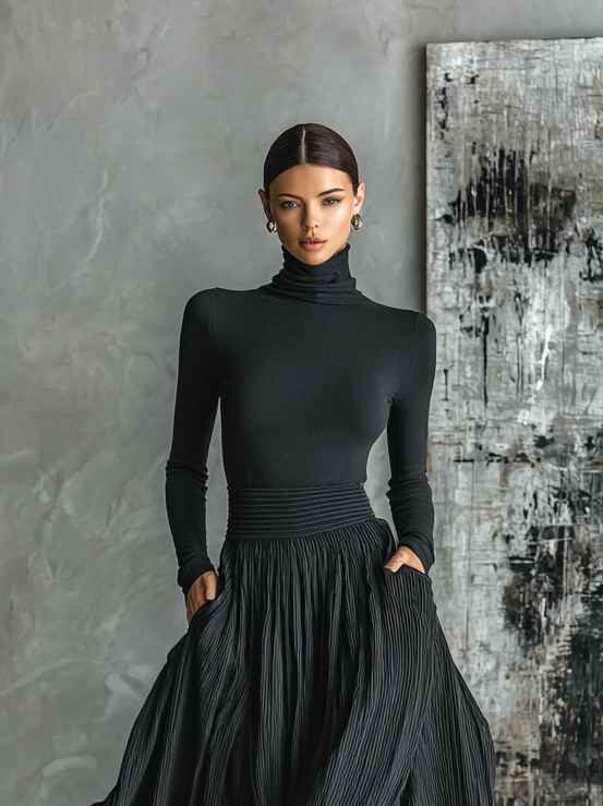 Ensemble t-shirt à col montant et robe plissée pour femmes en noir MDA1366H1Y