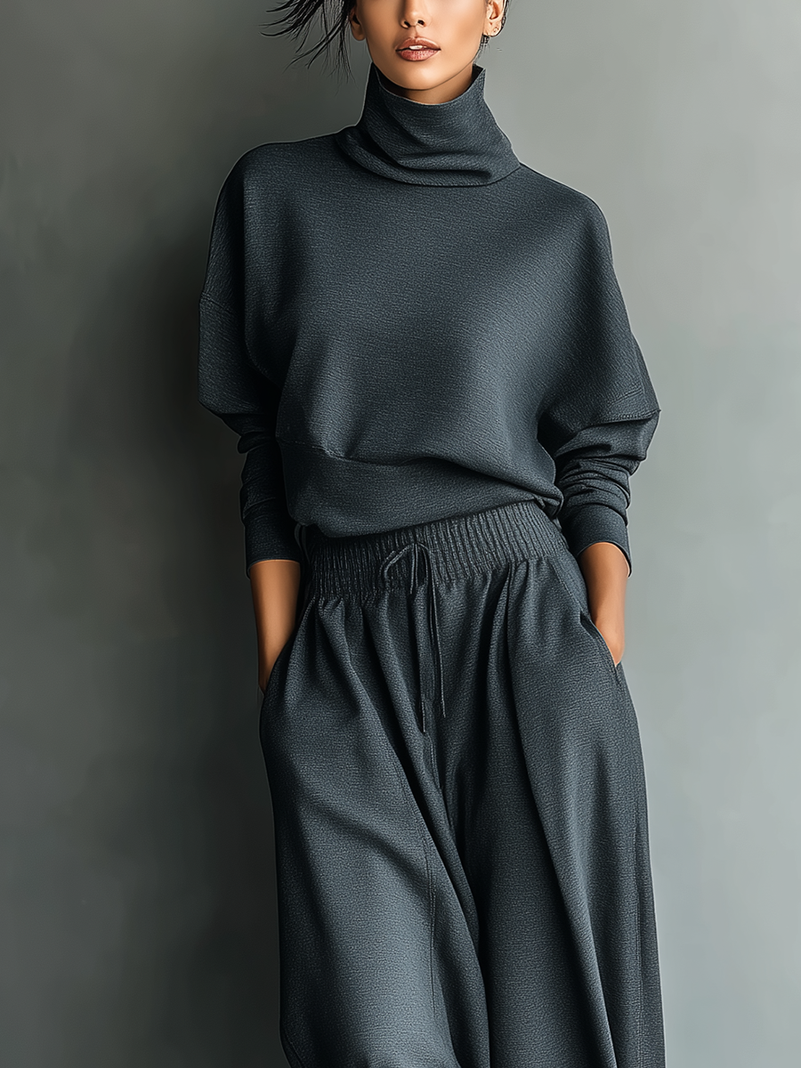 Ensemble haut ample avec col roulé et pantalon large pour femmes en tissu tricoté couleur anthracite MDA2435L7T