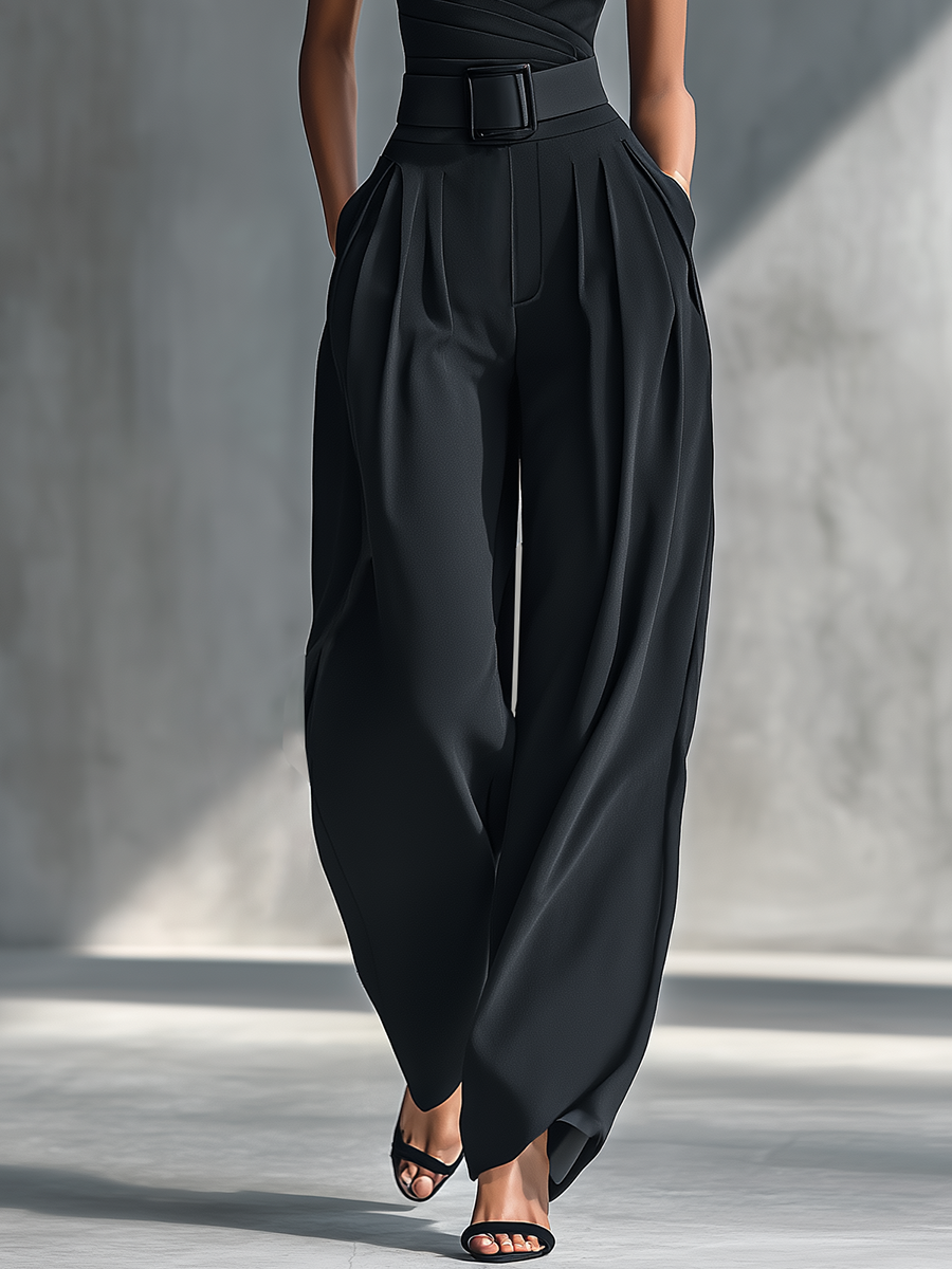 Débardeur noir en tricot pour femmes avec haute élasticité et pantalon en lin large MDZ1068B3T