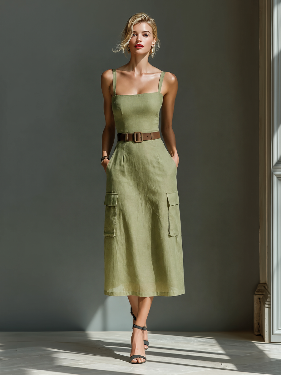 Robe mi-longue pour femmes en vert olive en lin sans manches avec poches cargo et taille avec ceinture MDZ2753A1T
