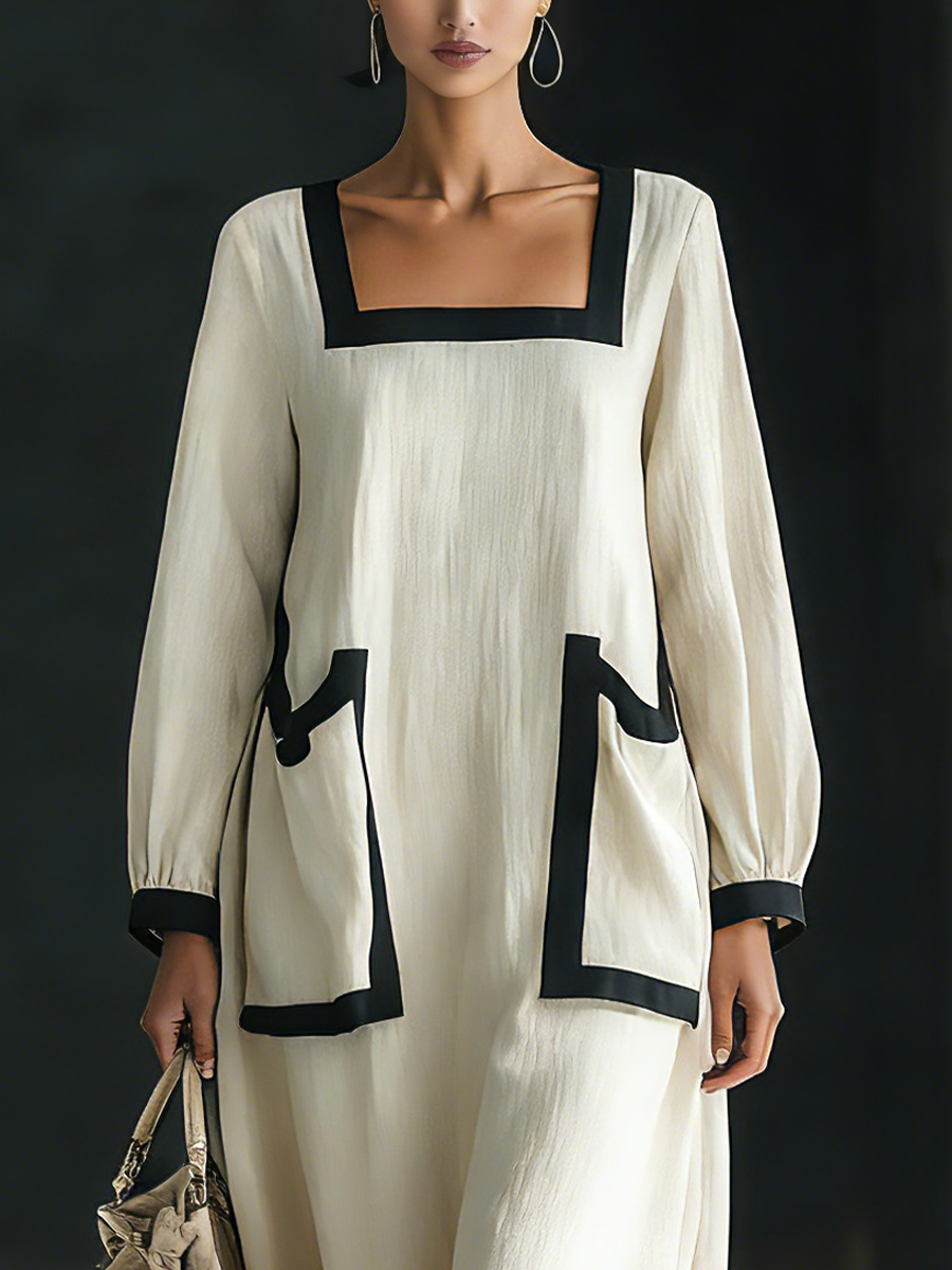 Robe maxi pour femmes en beige mélangé coton et lin avec col carré, finition noire et grandes poches MDZ1507A0T