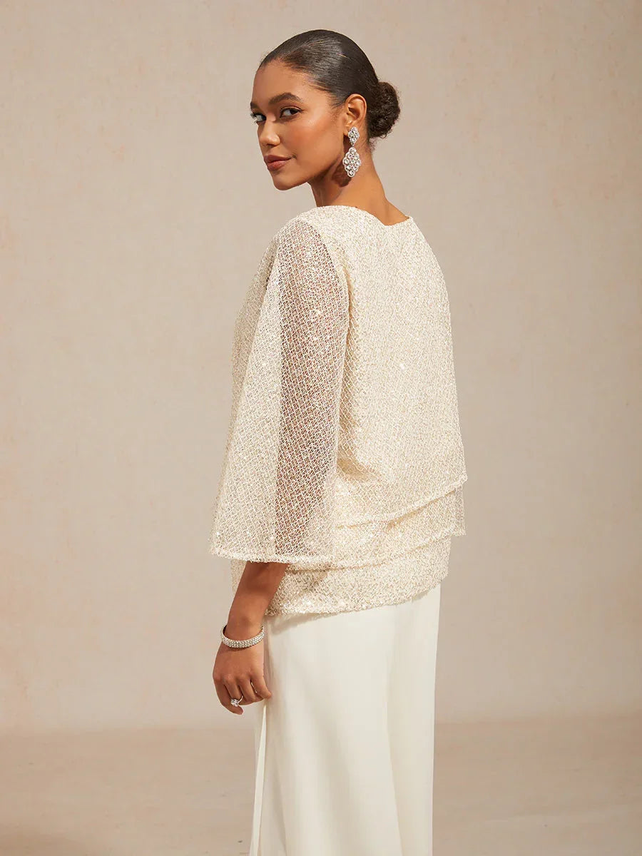 Top en tulle à plusieurs couches avec paillettes et manches en forme de cloche