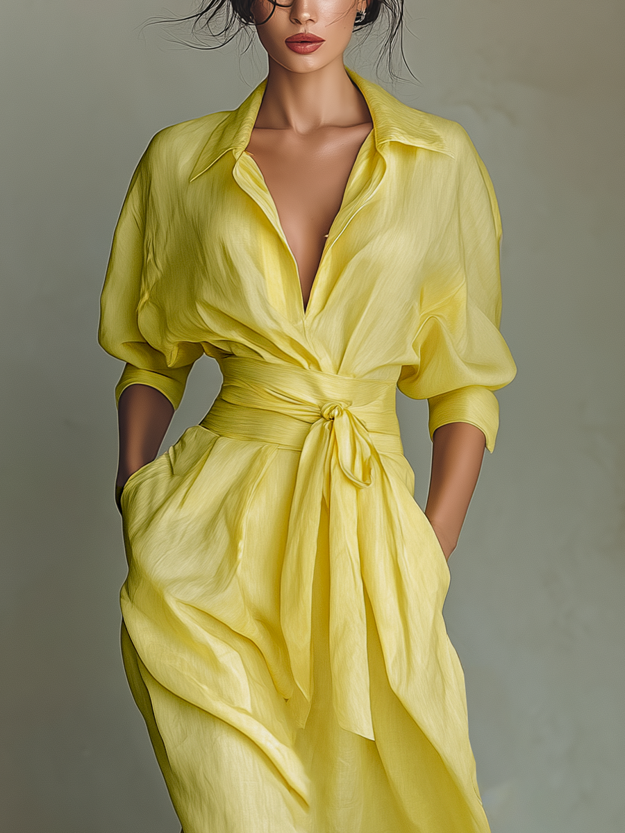 Robes maxi en coton et lin de couleur jaune citron pour femmes avec ceinture à nouer et manches mi-longues MDZ2884A4T