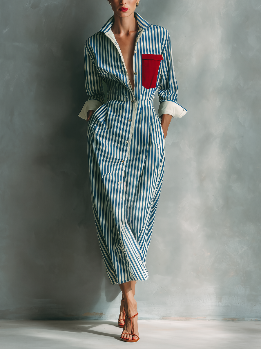 Robes chemises rayées en bleu et blanc pour femmes avec poche poitrine rouge MDZ1286C2T