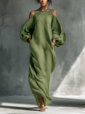 Robe maxi verte clair pour femmes avec épaules dénudées, manches bouffantes et poches latérales MDZ1004B7T