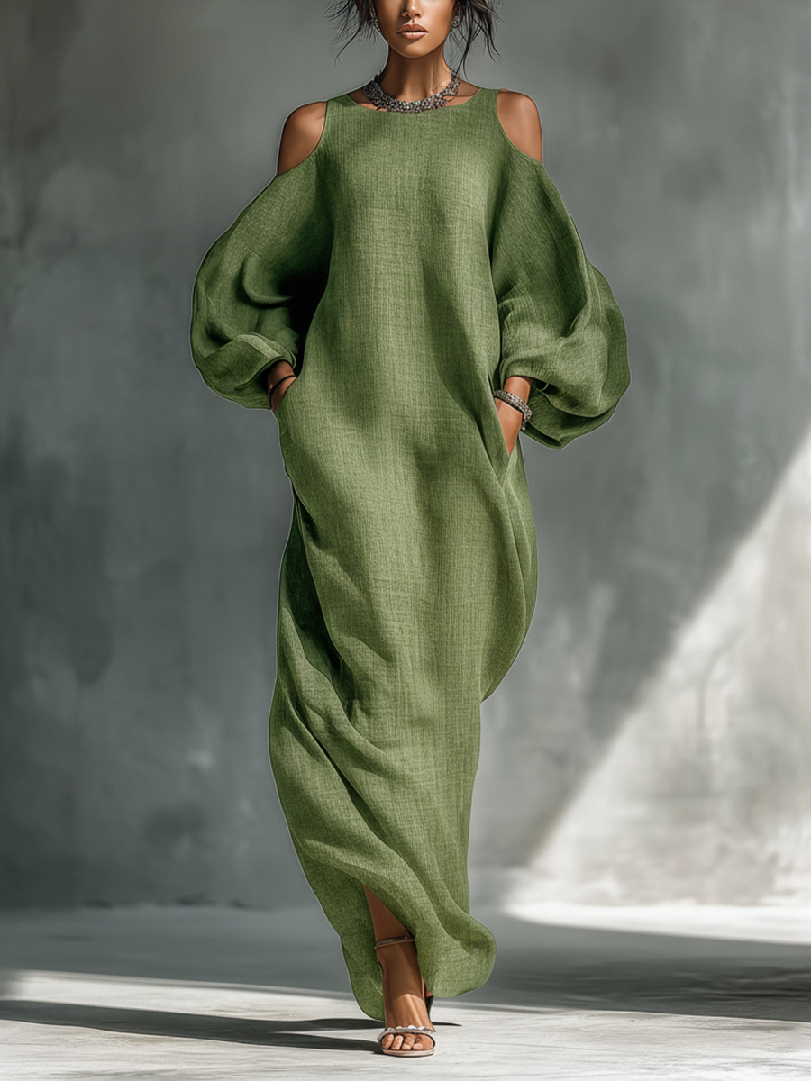 Robe maxi verte clair pour femmes avec épaules dénudées, manches bouffantes et poches latérales MDZ1004B7T