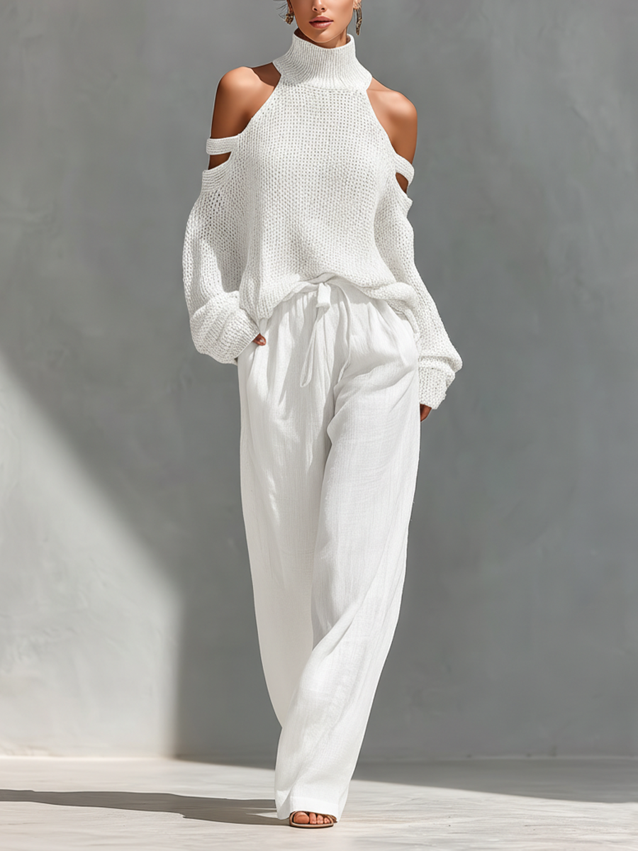 Ensemble top à col montant et bretelles froides en coton beige avec un pantalon large