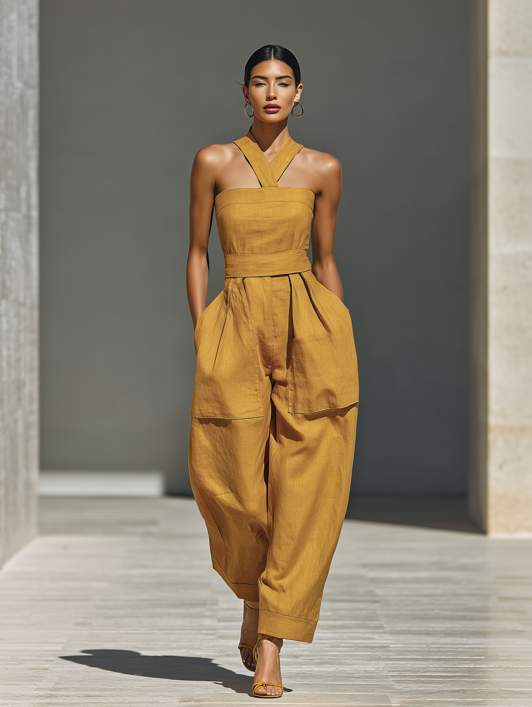 Ensemble femme couleur moutarde avec col croisé et pantalon ample MDZ2808B6T